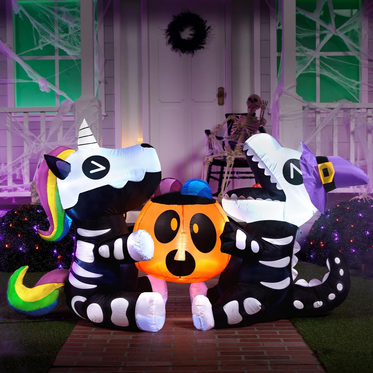 6 Ft Long Halloween Inflatables Outdoor Decorations, Halloween Blow Ups for Yard Decorations, Sitting Inflatable Skeleton Unicorn and Dinosaur Hold Pumpkin for outside Halloween Decor